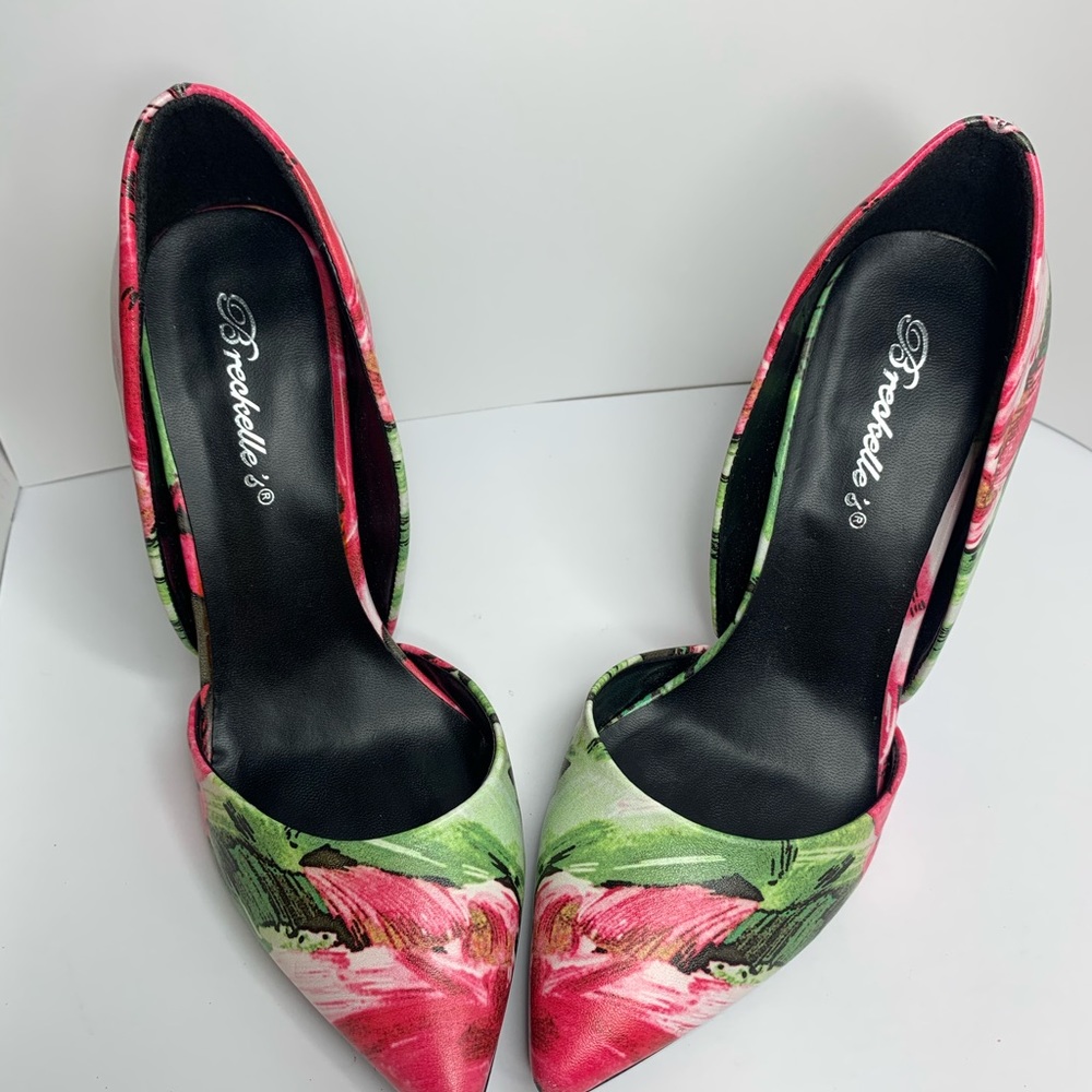 Pink & green rose 👠 Stilettos high heels Size 6 1/2 - Picture 3 of 9